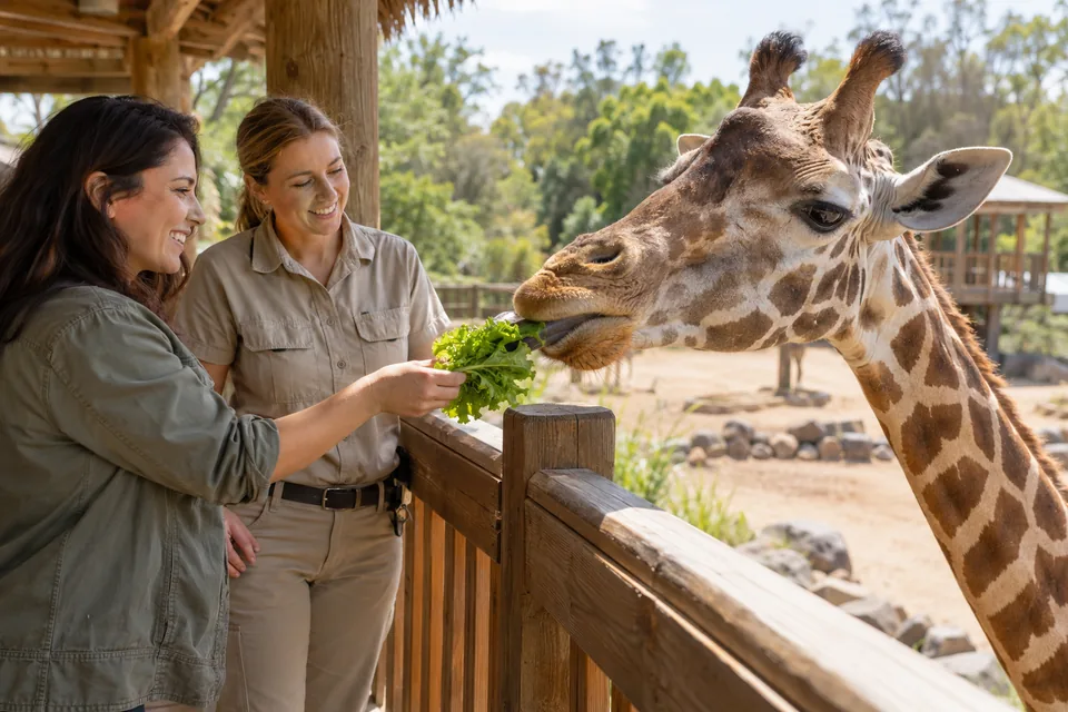 A keeper assisting a visitor feeding a giraffe from a viewing platform