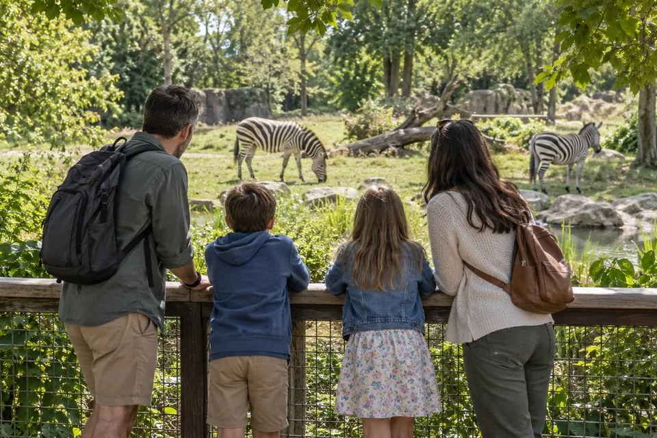 Parents and children watching zebras from a zoo walkway