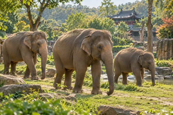 Asian elephants in a landscaped habitat with a temple garden