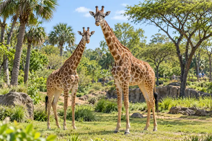 Giraffes in a sunny palm-lined zoo habitat