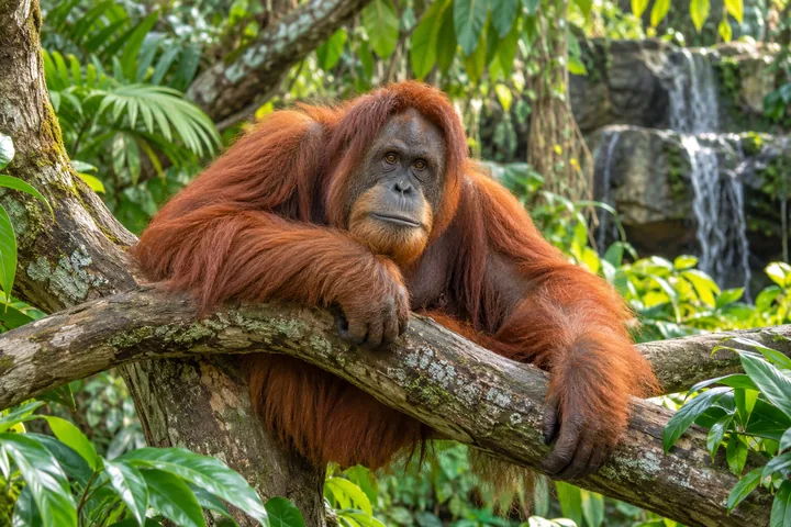 Orangutan resting in a lush tropical habitat