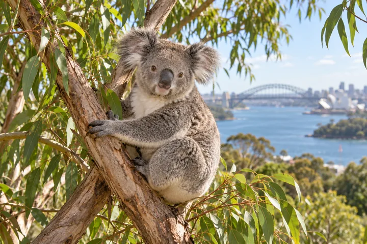 Koala resting in eucalyptus branches above Sydney Harbour