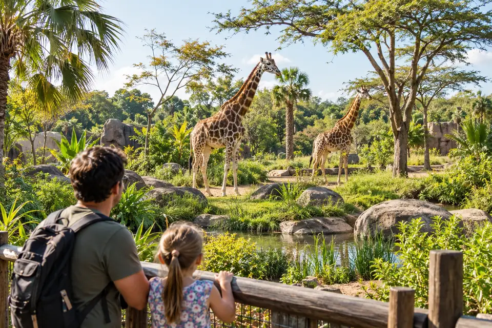 A family watching giraffes from a zoo viewing path